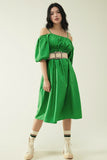 Q2 Vestido verde Midi com mangas curtas e alças
