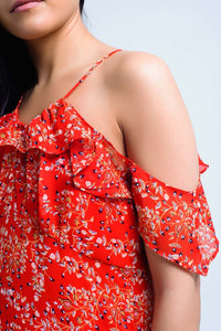 Vestido vermelho com flores e babados impressos