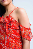 Vestido vermelho com flores e babados impressos
