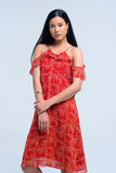 Vestido vermelho com flores e babados impressos