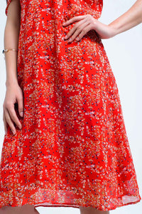 Vestido vermelho com flores e babados impressos