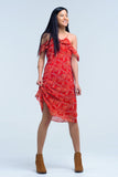Vestido vermelho com flores e babados impressos