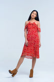 Q2 Vestido vermelho com flores e babados impressos