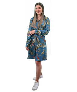 Vestido evasê com estampa tropical