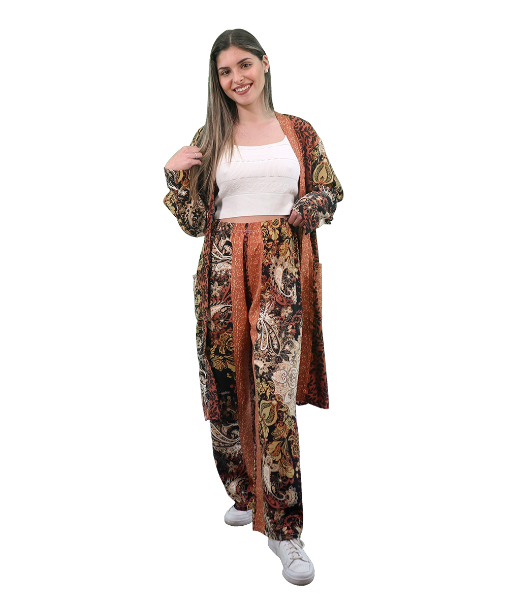 Conjunto kimono comprido e pantalona