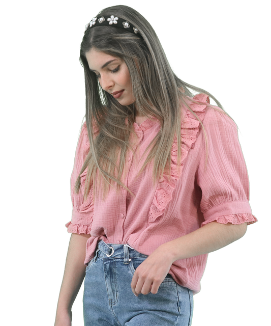 Camisa rosa com folho