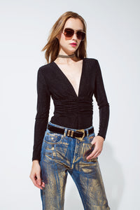 Q2 Body brilhante de manga comprida em preto