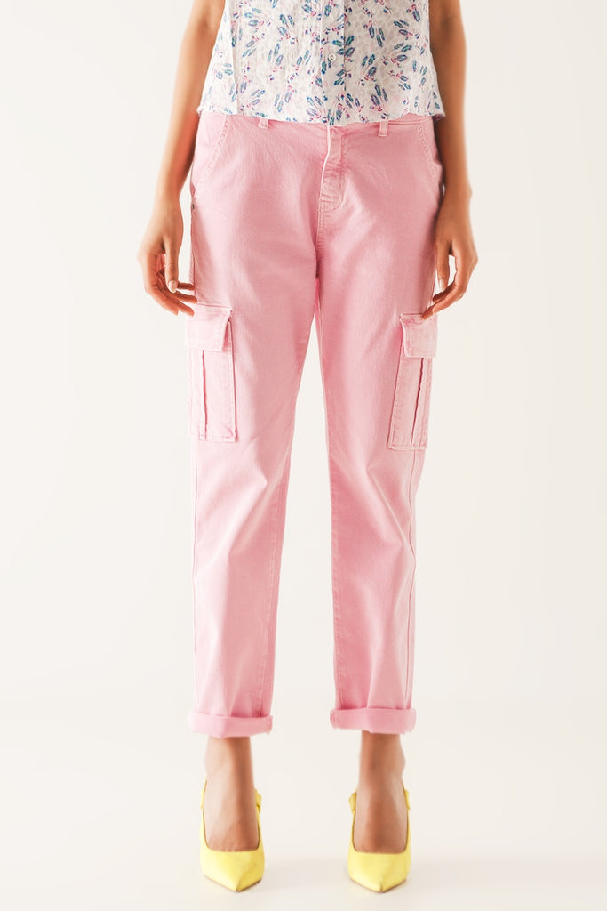 Calças cargo de corte cómodo rosa