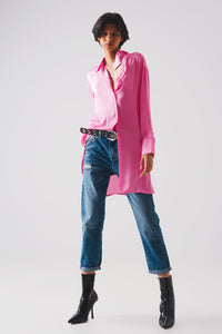 Camisa de botão de manga comprida de cetim rosa