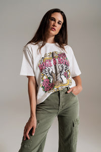 Q2 Camiseta branca com estampa vintage de Rock and Roll