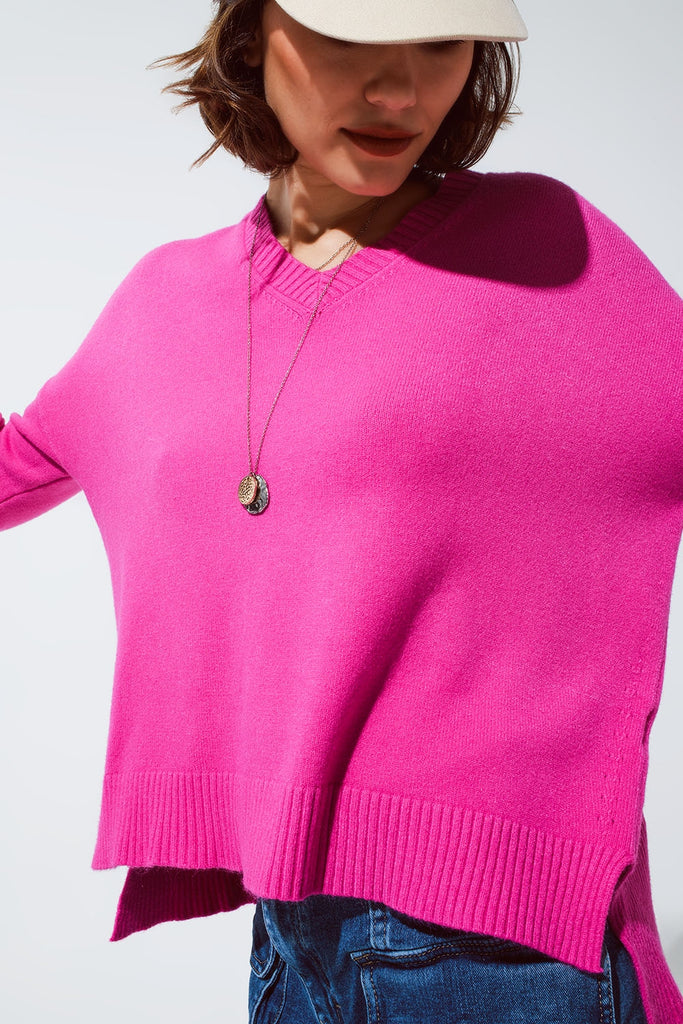 Camisola com decote em V cor-de-rosa