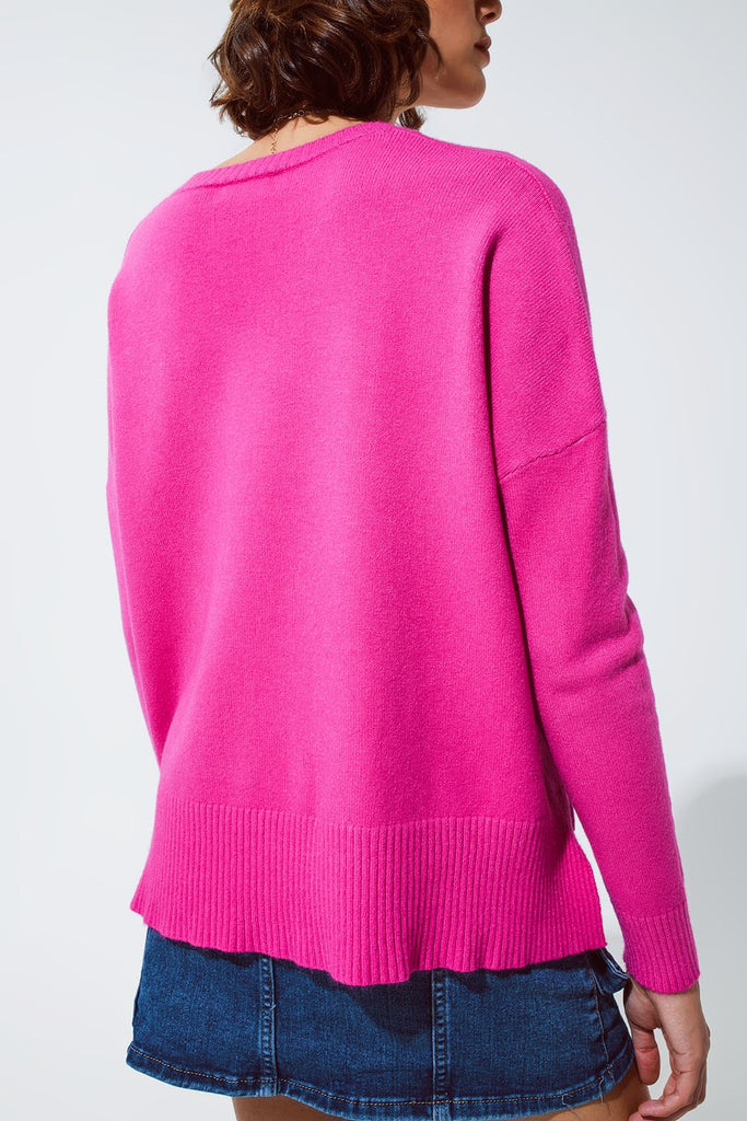 Camisola com decote em V cor-de-rosa