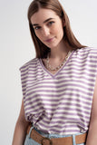 T-shirt sem mangas listradas roxas com ombros acolchoados