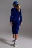 Vestido de malha midi com decote quadrado em azul