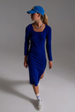 Q2 Vestido de malha midi com decote quadrado em azul