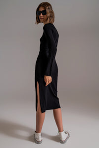 Vestido de malha midi com decote quadrado em preto