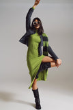 Q2 Vestido de malha verde maxi com um verde limão