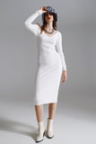 Q2 Vestido justo de malha midi em branco com decote em V