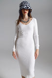 Vestido justo de malha midi em branco com decote em V