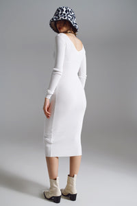 Vestido justo de malha midi em branco com decote em V