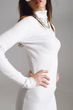 Vestido Midi Bodycon de Tricô com Gola Alta em Branco