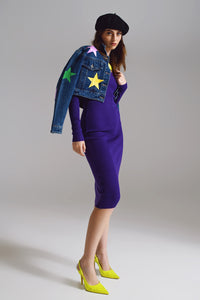 Q2 Vestido midi de malha bodycon com decote em V em roxo