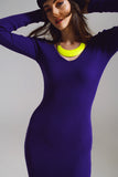 Vestido midi de malha bodycon com decote em V em roxo